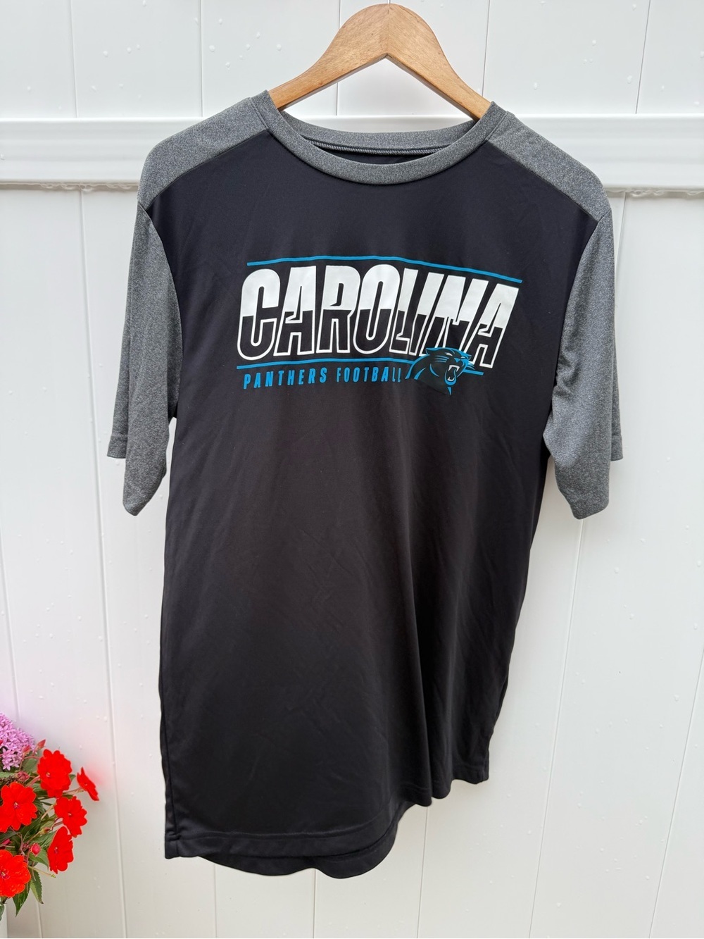 NFL Carolina Panthers Black and Gray Raglan Short Sleeve Tee